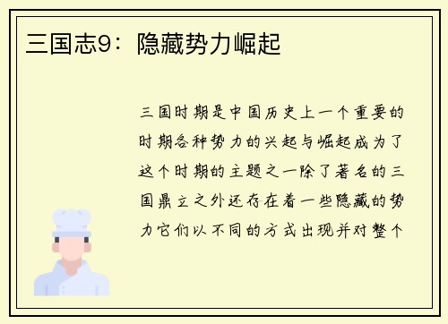 三国志9：隐藏势力崛起