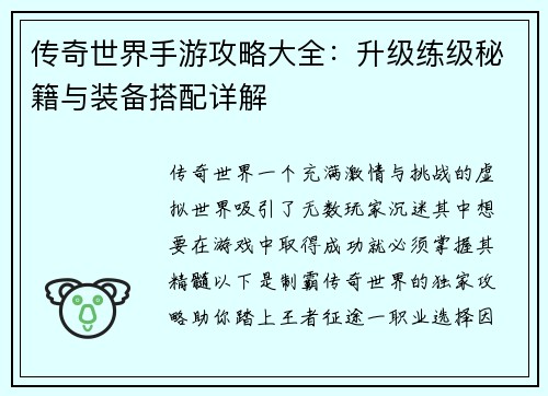 传奇世界手游攻略大全：升级练级秘籍与装备搭配详解