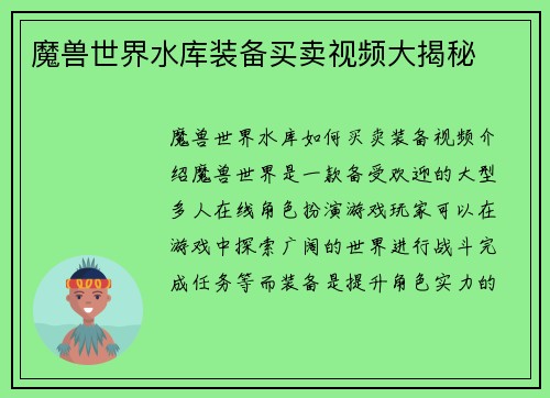 魔兽世界水库装备买卖视频大揭秘